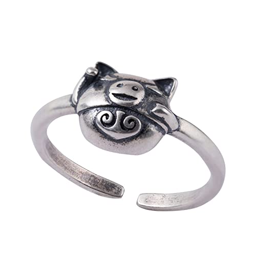 Bague réglable femme anneau ouvert rétro motif cochon zodiaque chinois