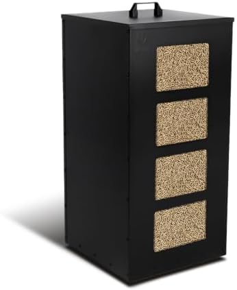 VOUNOT® Metall Pelletbehälter mit Rollen, 45 kg Pelletbox, Pelletlagerung mit abnehmbarem Sieb und 4 transparenten Füllstandsanzeigen, Granulatbox für Pelletofen, 36x36x76 cm, Schw