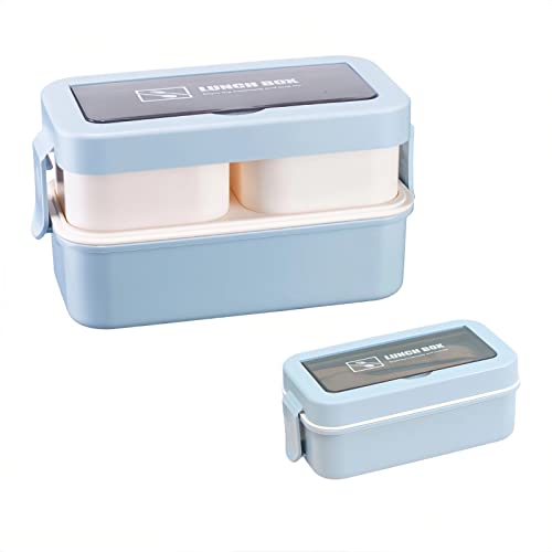 ランチボックス お弁当箱 仕切り レンジ可能 食器付き 2段 密閉 パッキン一体構造 1250ML 出勤 学校 ピクニック 洗い簡単 電子レンジ対応（ブルー）