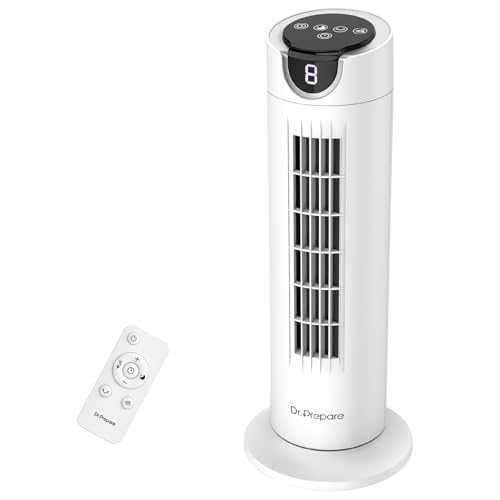 DR.PREPARE Tower Fan for Bedroom, 25 dB Quiet DC Motor Bladeless Fan, Detachable Washable Design, 8 Speeds, 8H Timer, 80° Oscillating Fans for Indoors, 16 Inch Desk Table Fans with Remote, White