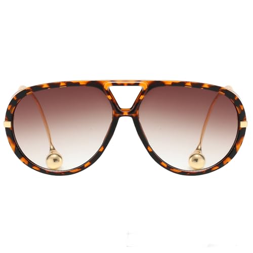 YAMEIZE Oversized Pilot Sunglasses for Women Men Retro 70s Double Bridge With Earring Round Shield Big Sun Glasses UV400 (Leopard-GradientBrown)2