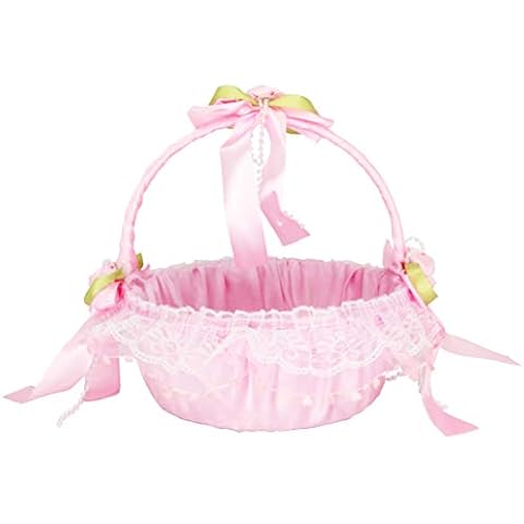 he andi 1 Pack Wedding Flower Girl Basket with ,Satin Fabric and Lace Flowers,9 inch by 8.5 inch (Pink) Cover