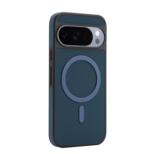 Coque Google Pixel 9 Pro magnétique en cuir et fibre de carbone bleue