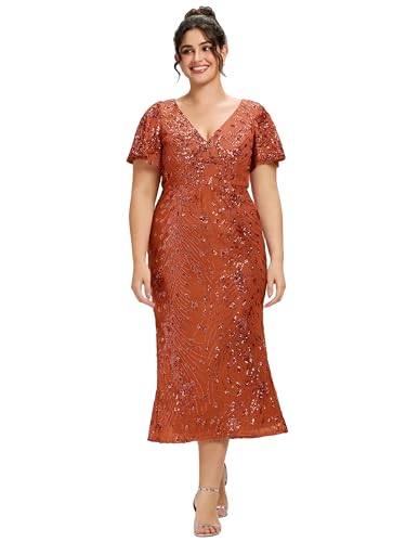 Image of Ever-Pretty Plus Women's Sequin V Neck Plus Size Prom Dress Mermaid Formal Cocktail Evening Dresses for Curvy Women