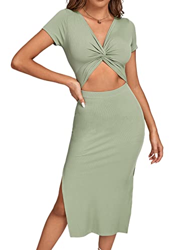 Image of LYANER Women's Twist Front Cut Out Split Hem V Neck Short Sleeve Knit Bodycon Midi Dress