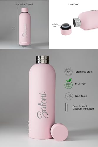 Image of AICA Personalized Name Stainless Steel Water Bottle -500ml -12Hrs Hot & 18Hrs Cold (Babypink) |Customised Gift For Man Woman Girl Boy