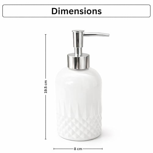 Image of Luxe Home International Diamond Cut Pattern Glass Soap Dispenser for Bathroom and Kitchen Sink Leak Proof Liquid Hand Wash Round Bottle Lightweight Smooth Finish (19.5x8 cm White) Pack of 1