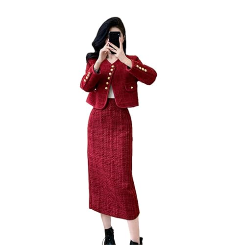 Ensemble 2 pièces femme en tweed rouge idéal pour un repas chic en hiver de style français