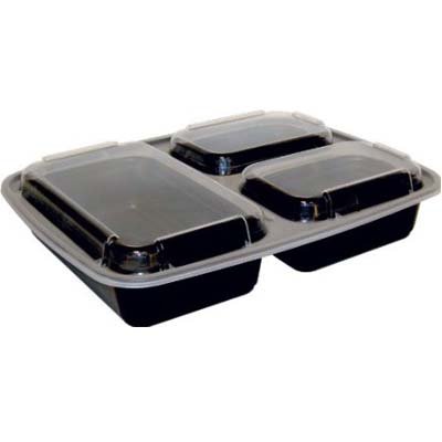 32 oz Microwaveable 3 Compartment Black Rectangular Container Lid Combo 150 CT