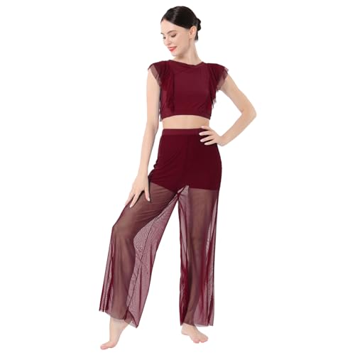 ODASDO Women Two Piece Lyrical Dance Costumes Criss Cross Crop Tops + Mesh Tulle Wide Leg Pants Modern Contemporary Dancewear, Burgundy, S