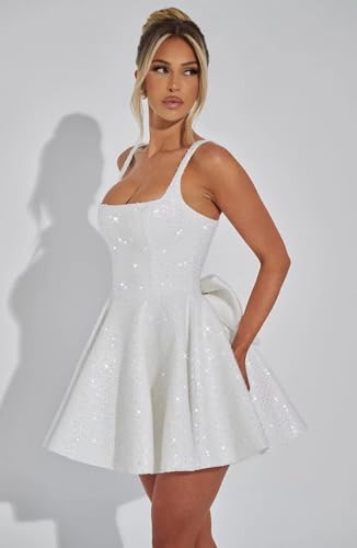 SIPUHK Modest Short Homecoming Dresses for Teens Sparkly Sequin Cocktail Gown with Bow Corset Prom Party Dress for Women 20254