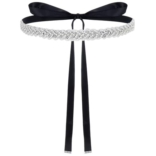 Giantree Silver Glitter Rhinestone Belt, Bride Silver Wedding Belts, Adjustable Wedding Pearl Crystal Weddings Belt Weddings Satin Elegant Ball Gown Accessories Suitable for Dresses and Bridesmaids