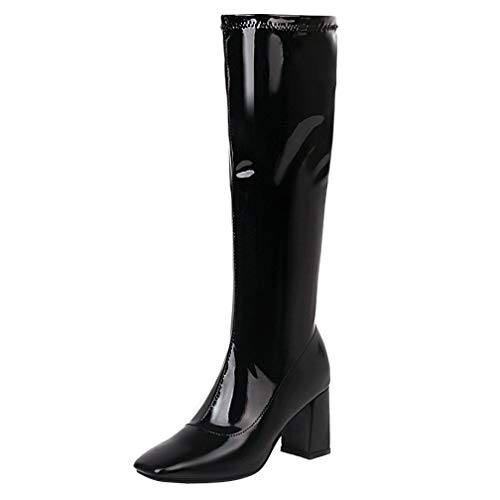 Caradise Womens Gogo Patent Chunky Knee High Heeled Boots with Zip Up