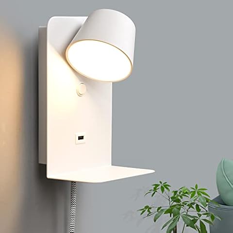 Rotatable LED Plug In Wall Sconce With Shelf For Bedroom Bedside, Swing Metal Reading Wall Lamp With USB Charging Port, 2700K Warm White Nightlight，Modern Contemporary Wall Light Fixture , White Cover