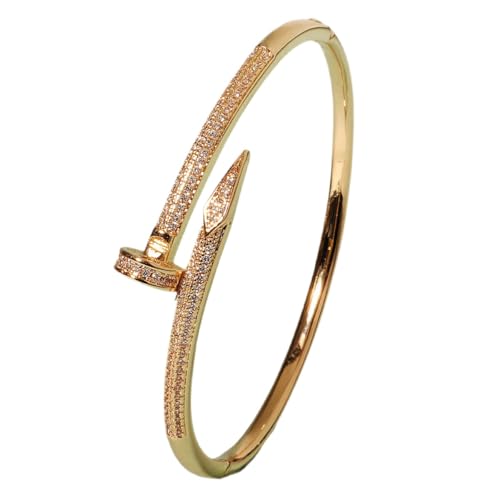 Luxury Crystal Nail Bangle Bracelet, Stainless Steel, Unisex, Sparkling Zircon Design, 17cm (oro, clavo de acero 17cm)