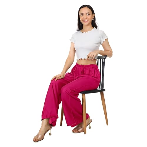 Image of Women's Rayon Palazzo Pants | Solid Color Wide Leg Trousers in 18 Shades | Elastic Waist Casual Bottoms XS-7XL | Comfortable