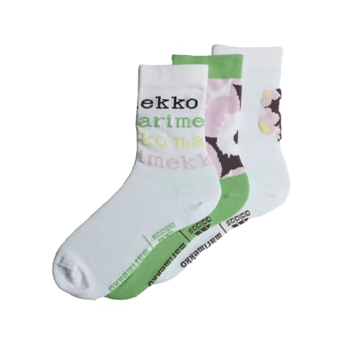 adidas x Marimekko Girls Training Crew Socks 3 Pairs, White/Semi Solar Lime/White