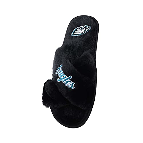 Image of FOCO Womens NFL Team Script Wordmark Fuzzy Cross Slide Slippers