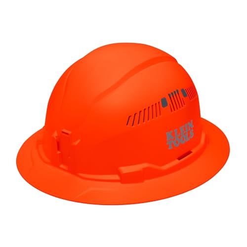 Klein Tools 60931 Hard Hat Vented Full Brim Style Padded Self-Wicking Odor-Resistant Sweatband High Visibility Orange