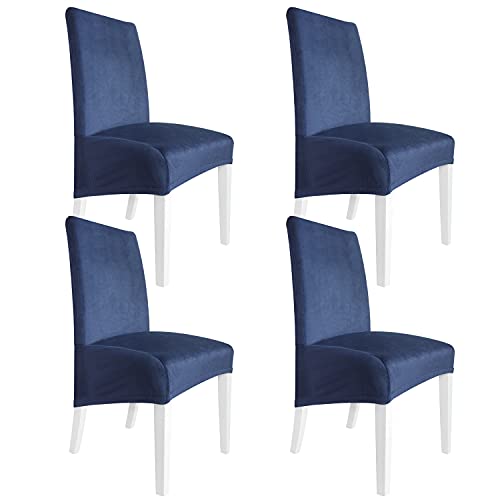 Dining Chair Covers Velvet Stretch, Velvet Large Dining Chair Covers with Back Set of 4 - Velvet Dining Chair Slipcovers Washable Removable, Navy Blue