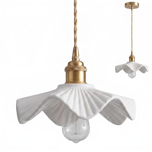 NICRX Lampada a Sospensione in Ceramica Bianca,E27 Paralume Retrò a Foglia di Loto - Illuminazione Elegante per Soggiorno, Sala da Pranzo e Camera da Letto