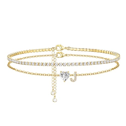 CIOMY Gold Initial Ankle Bracelets for Women 14K Gold Plated CZ heart Tennis Anklets for Women Waterproof Layered Adjustable Letter Anklets Large Ankle Summer Beach Foot Jewelry J