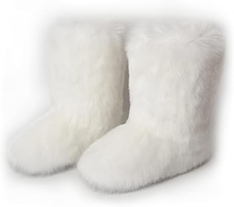 ZOSCGJMY Faux Fur Boots for Women Fuzzy Fluffy Furry Round Toe Suede Winter Snow Boots Flat Shoes White 10