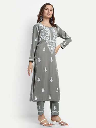 Image of BHARVITA Women's Cotton Blend Lucknowi Embroidered Chikankari Straight Kurta, with Pant Set