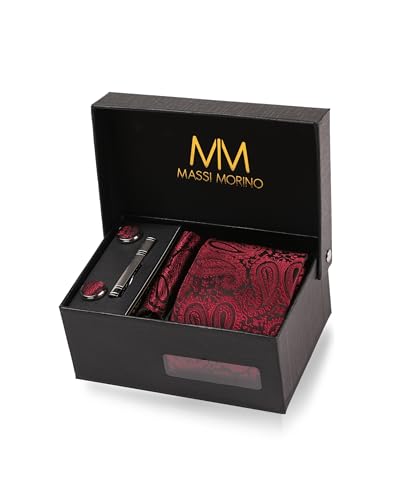 Massi Morino Cravate Hommes Paisley bordeaux et mouchoirs de poche, boutons de manchette et Pinces à cravates | Coffret cadeau | Accessoires de Fete de Mariage