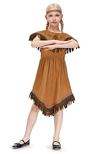 Iimmer Child Girls Native American Cosplay Halloween Pochont Thanksgiving Costume Brown Fringed Midi Dress With Headband 7-8 Years #TOP2