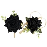 Jiyohai Black Wrist Corsage and Men Boutonniere Set, Artificial Silk Rose Flowers Wristlet Corsage Groom Groomsmen Boutonniere for Wedding Prom Party Suit Decoration Black Rose Set