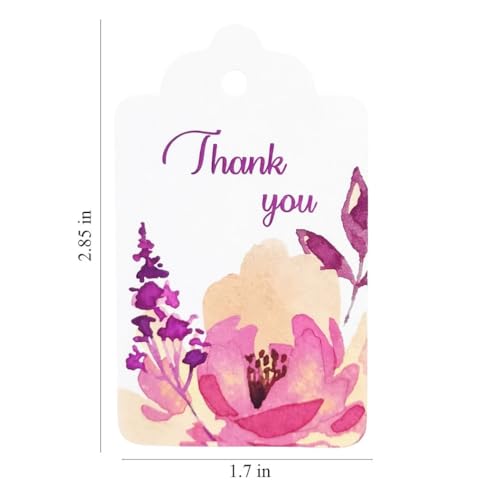 Image of CVANU Floral Thank You Gift Tags (Set of 100), Elegant Flower Design (D15) Hanging Tags with Gold String for Wedding Return Gifts & Small Business Packaging (2.85 x 1.7 Inch)