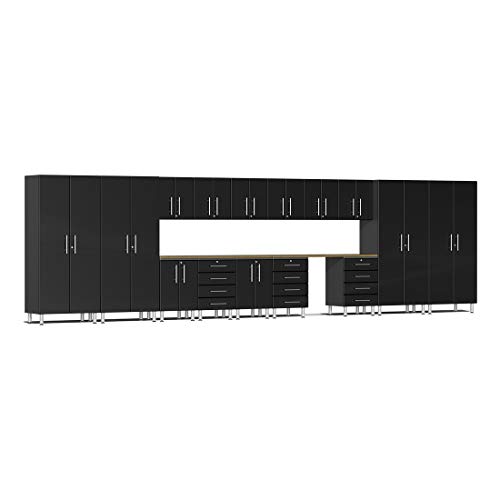 Ulti-MATE UG22172B 17-Piece Garage Cabinet Kit with Bamboo Worktop in Midnight Black Metallic