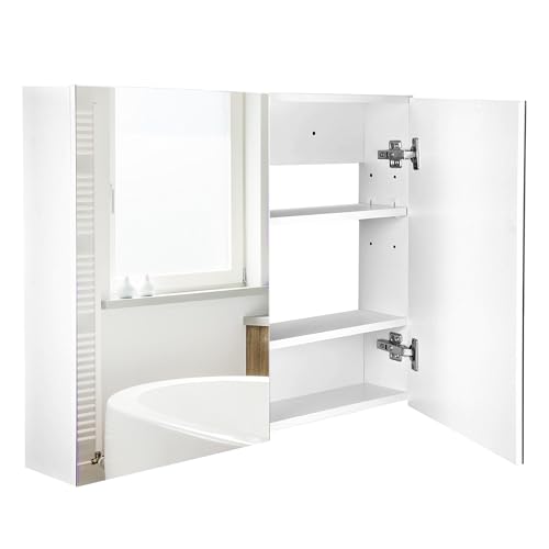 HOMCOM Double Door Wall Mounted Glass Mirror Cabinet Modern 