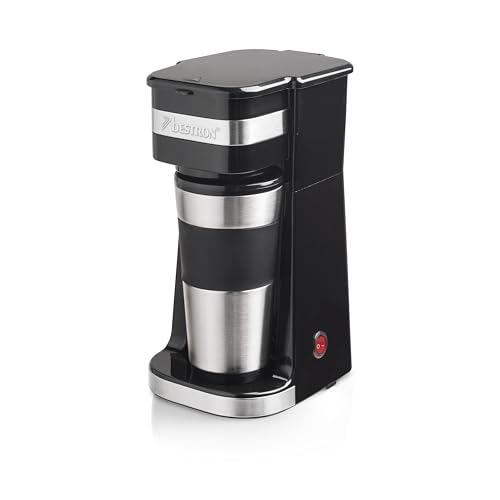 Bestron Cafetière avec tasse isotherme pour café filtre moulu, Machine à café 2 pour grandes tasses, idéal pour le camping, préparation rapide, 750 W, Couleur: Argent
