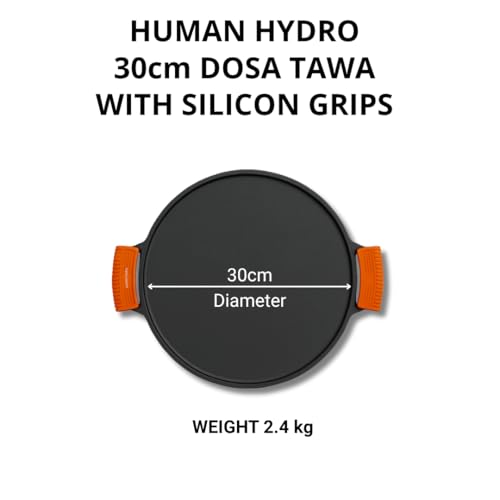 Image of Human Hydro 12-Inch Cast Iron Dosa Tawa | Double Handle with Silicone Grips & Wooden Spatula | Pre-Seasoned, Flat Base, Induction & Gas Compatible | Chemical-Free Cookware