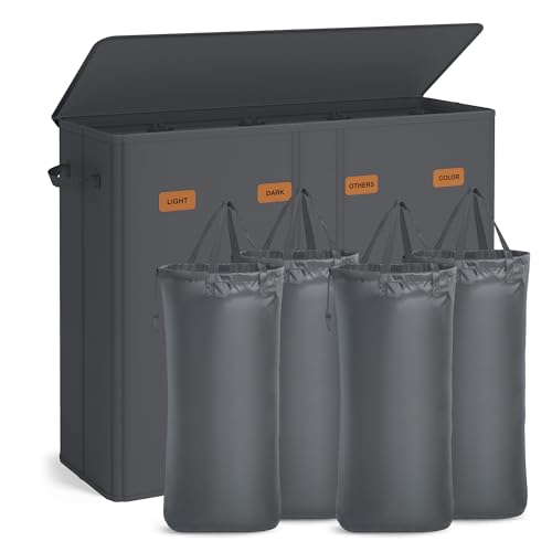 SONGMICS Wäschekorb mit 4 Fächern, 210 L, mit Deckel, 5 Etiketten, herausnehmbarer und waschbarer Innensack, Waschküche Schlafzimmer, dunkelgrau...