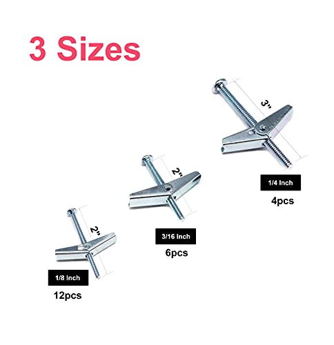 cSeao 24-Pack Spring Toggle Bolt Assortment Kit, Imperial 1/8 1/4 3/16 Male Thread Spring Loaded Hollow Wall Round Head Toggle Bolt