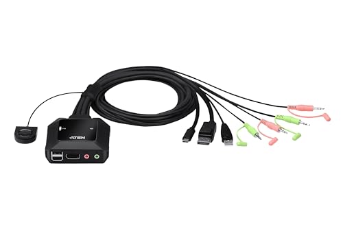 Image of ATEN CS52DP 2-Port KVM Switch USB C DisplayPort Switch 2 Computers 1 Monitor Switch DP Alt Mode Up to 4096 x 2160 60 Hz Remote Port Switcher Windows, Mac, Linux, Android, iOS