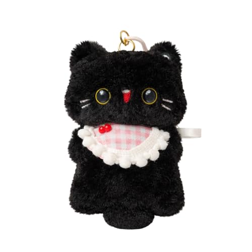 Image of Cute Black Cat Plush Keychain with Pink Gingham Bib & Red Nose | Soft Mini Kitty Bag Charm with Hanging Loop Strap | Kawaii Keyring Gift for Girls, Kids & Cat Lovers