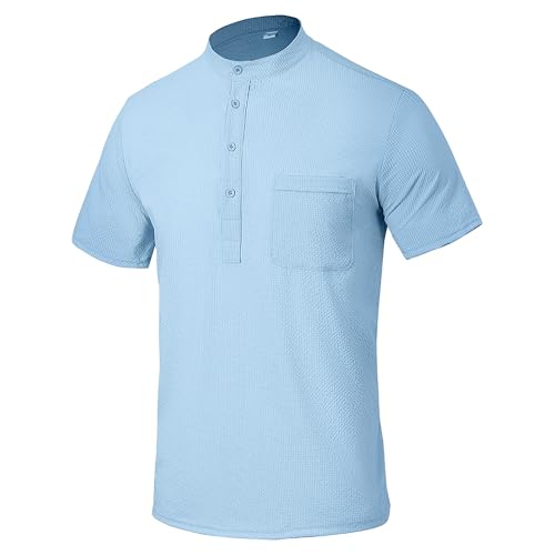 Zylphorix Men Quarter Button Short Sleeve T-Shirt Stand Collar Breathable Plaid Shirts Summer Cozy Workplace Polo Pullover (Light Blue,XX-Large)
