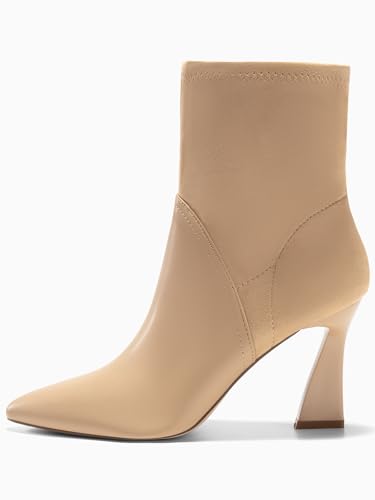 Coutgo Women's Pointed Toe High Heel Ankle Boots Patent Faux Leather Suede Splicing Slip On Fashion Booties4