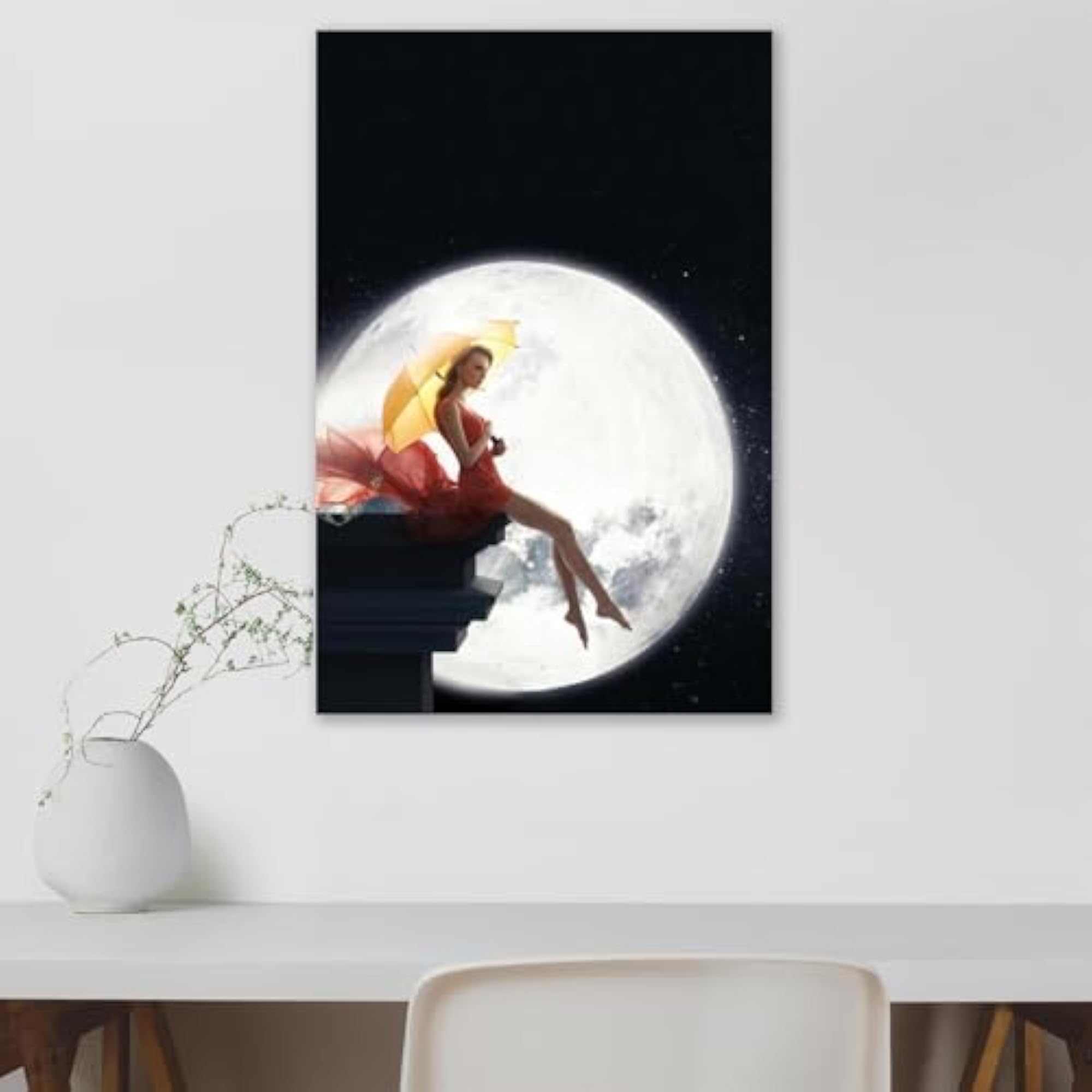Lady with Umbrella Over Full Moon Peel & Stick Vinyl Wall Sticker