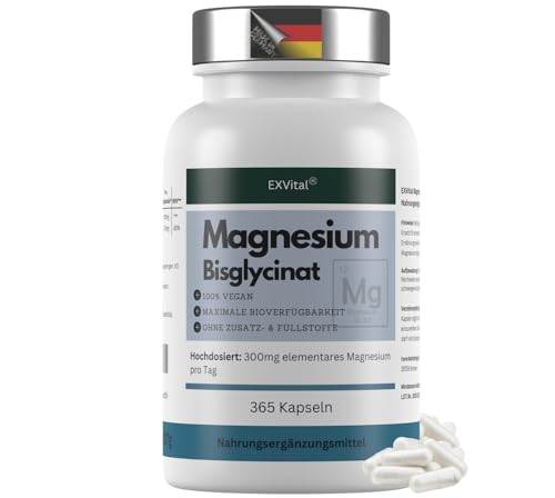 Magnesiumbisglycinat, 365 vegane Kapseln – 300 mg elementares Magnesium pro Tagesdosis, Magnesiumglycinat, hochdosiert & ohne Zusatzstoffe