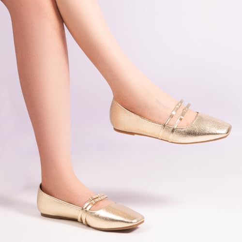 Image of MUSSHOE Mary Jane Shoes Womens Ballet Flats with Strap Comfortable Flats for Women Square Closed Toe Shoes