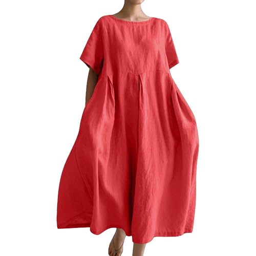 Vestido Informal de Lino y algodón para Mujer, Cuello Redondo, Manga Larga, Holgado, Talla Grande, Verano, Diario, maxivestido con Bolsillos, tendenci
