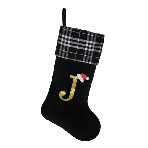 19-inch-Black-Plaid-Christmas-StockingsInitial-Monogram-Personalized-Christmas-StockingHanging-Ornaments-for-Family-Holiday-Xmas-Party-Decorations-J 19 inch Black Plaid Christmas StockingsInitial Monogram Personalized Christmas StockingHanging Ornaments for Family Holiday Xmas Party Decorations J