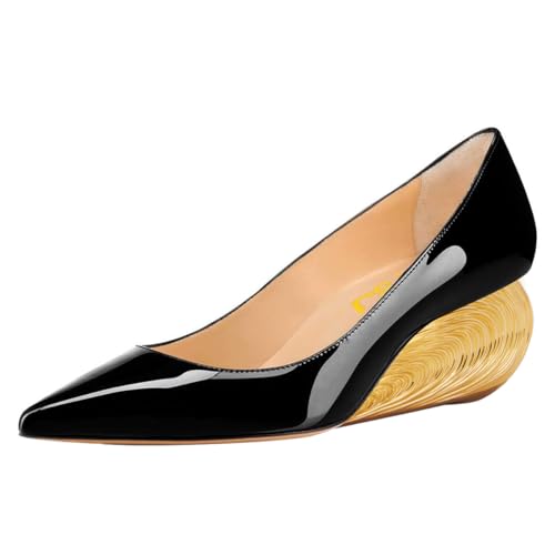 FSJ Women Pointed Toe Wedge Pumps Slip On Golden Wave Low Heels Basic Wedding Party Comfort Dress Shoes Size 4-16 US