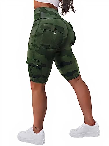 Flamingals Biker Shorts Women Tummy Control High Waisted with Flap Pocket Workout Running Yoga Athletic Shorts