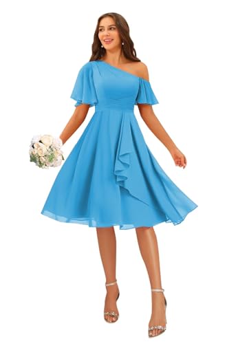 One Shoulder Short Bridesmaid Dresses with Pockets Puffy Sleeve Ruffled Chiffon Formal Party Gown